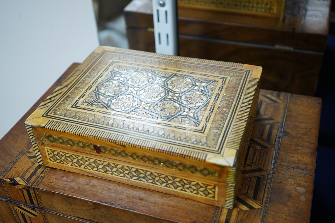 A Victorian walnut and parquetry box, a small group of minerals and an inlaid box, largest 30cm